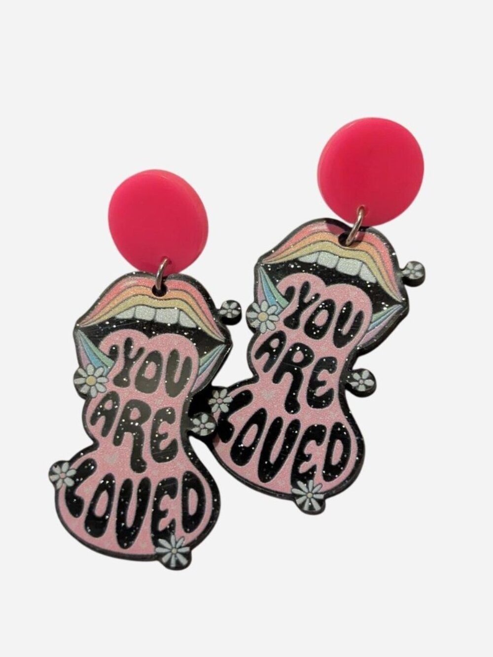 You are loved earrings with pink lips graphic and white flowers brand new,